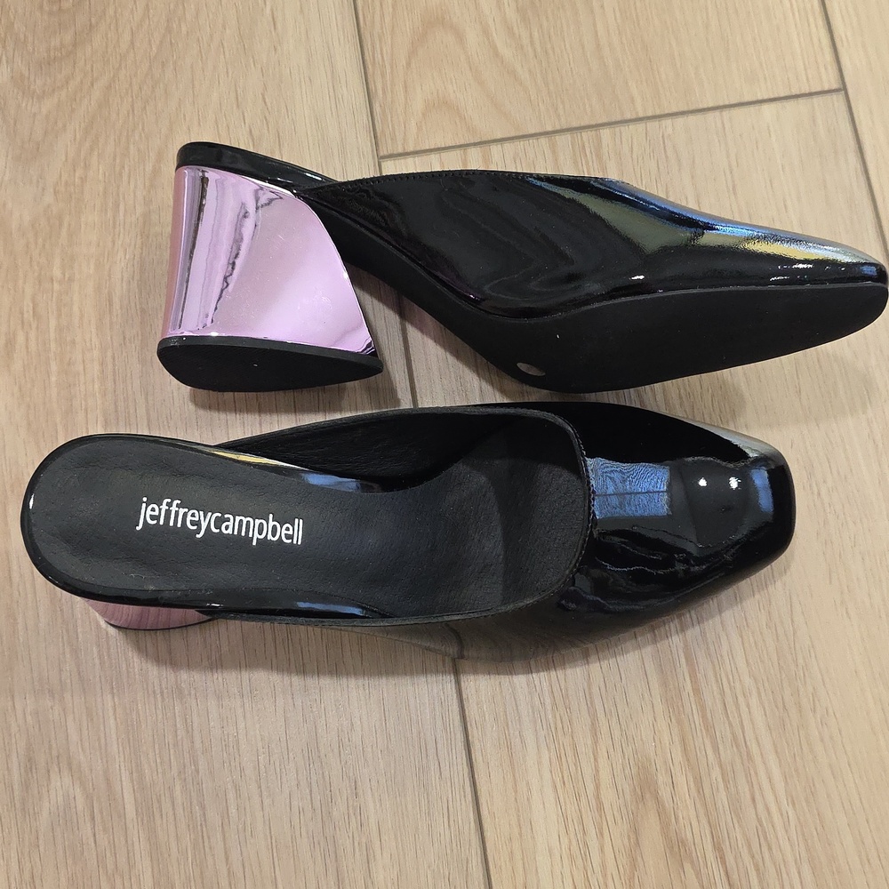 Jeffrey Campbell Black Patent Mules with Pink Metallic Heel